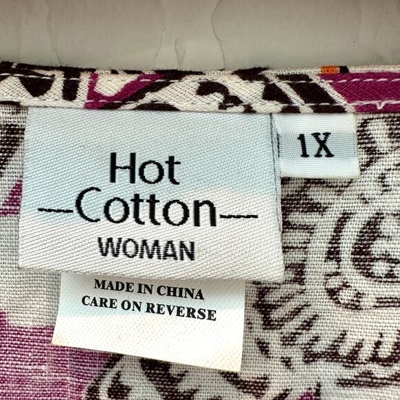 HOT COTTON | Plus Size Linen Blend Abstract Print Button Down Shirt | Size 1X - Picture 5 of 7